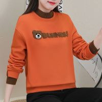 加绒加厚卫衣女2023年秋冬新款圆领宽松上衣小熊刺绣设计感显减龄