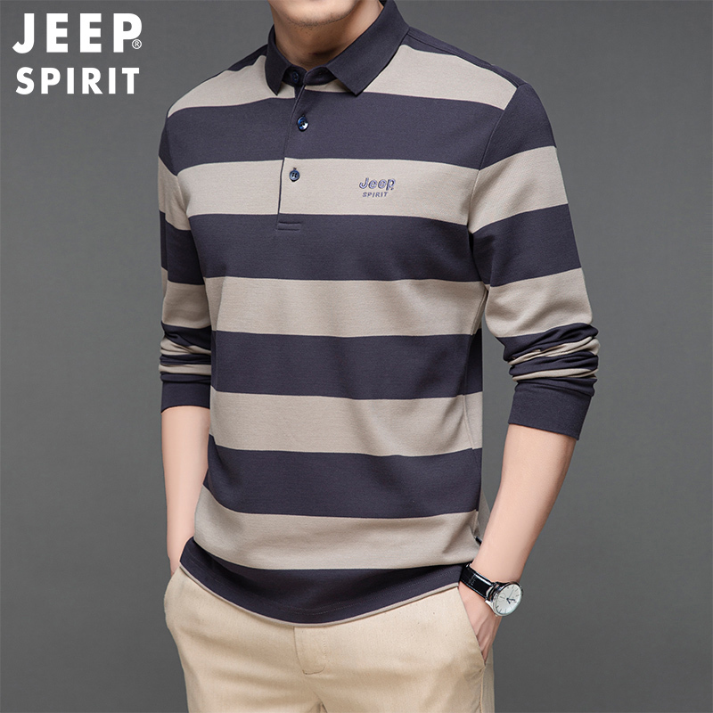 JEEP SPIRIT吉普男士T恤纯棉条纹长袖体恤衫商务休闲翻领POLO衫男t恤上衣
