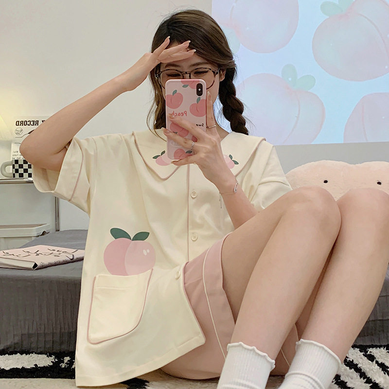 女士春夏季睡衣短袖短裤翻领开衫棉质卡通可爱可外穿家居服套装