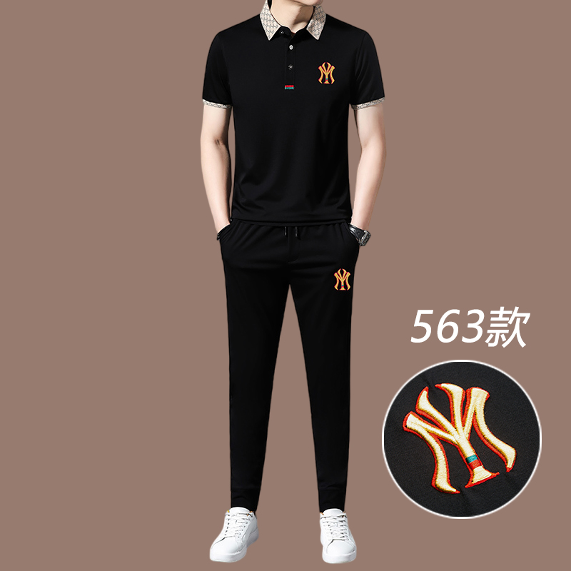 恒源祥高端品牌男士休闲运动服套装男夏季冰丝短袖男潮流时尚帅气 563款黑色 185/XXXL适合体重175-195斤
