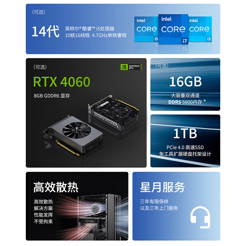 联想(Lenovo)GeekPro 2024英特尔14代酷睿设计师游戏台式电脑主机台式机 I5-14400F 16G 1TB SSD RTX4060 8G 高频内存高效散热
