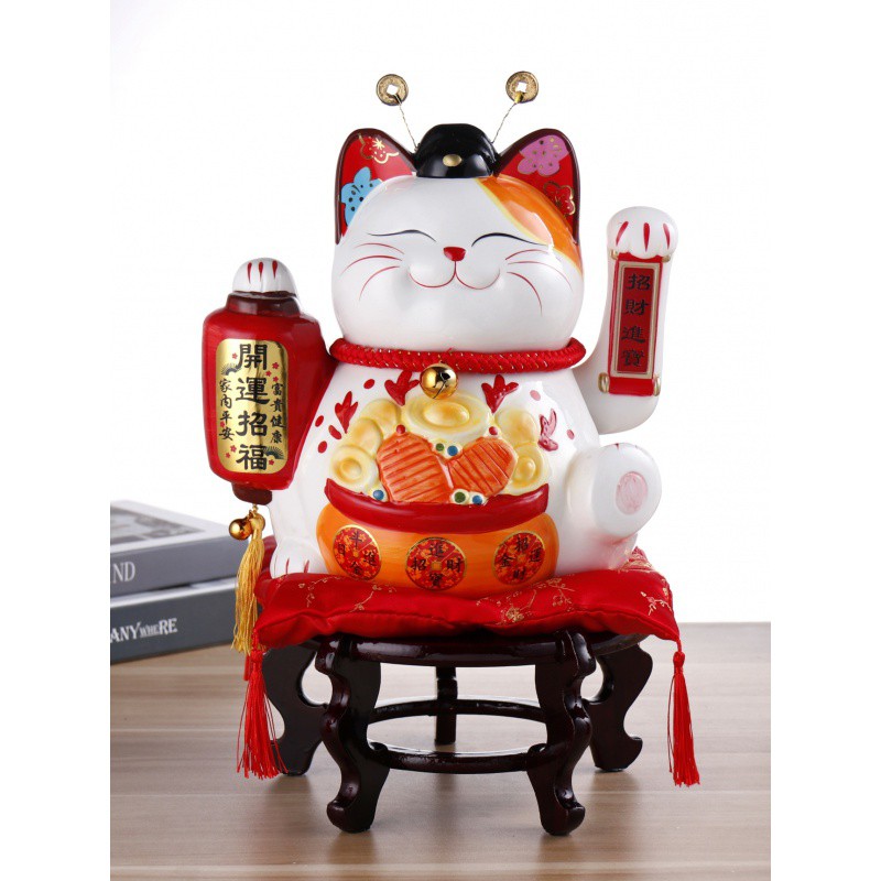 摇手陶瓷猫摆件日本特大号电动发财猫家居店铺开业礼品收银台 三维工匠 14寸672金运红垫款猫高清大图