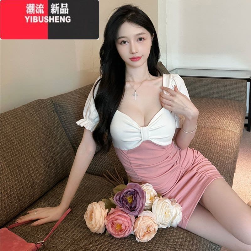YIBUSHENG小个子夜场上班工作服显身材褶皱紧身连衣裙女撞色低胸性感包臀裙图片