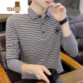 YANXU衫男士带领翻领长袖T恤打底修身潮流休闲条纹刺绣N闲 4XL155-170斤 POLO长袖B标灰色