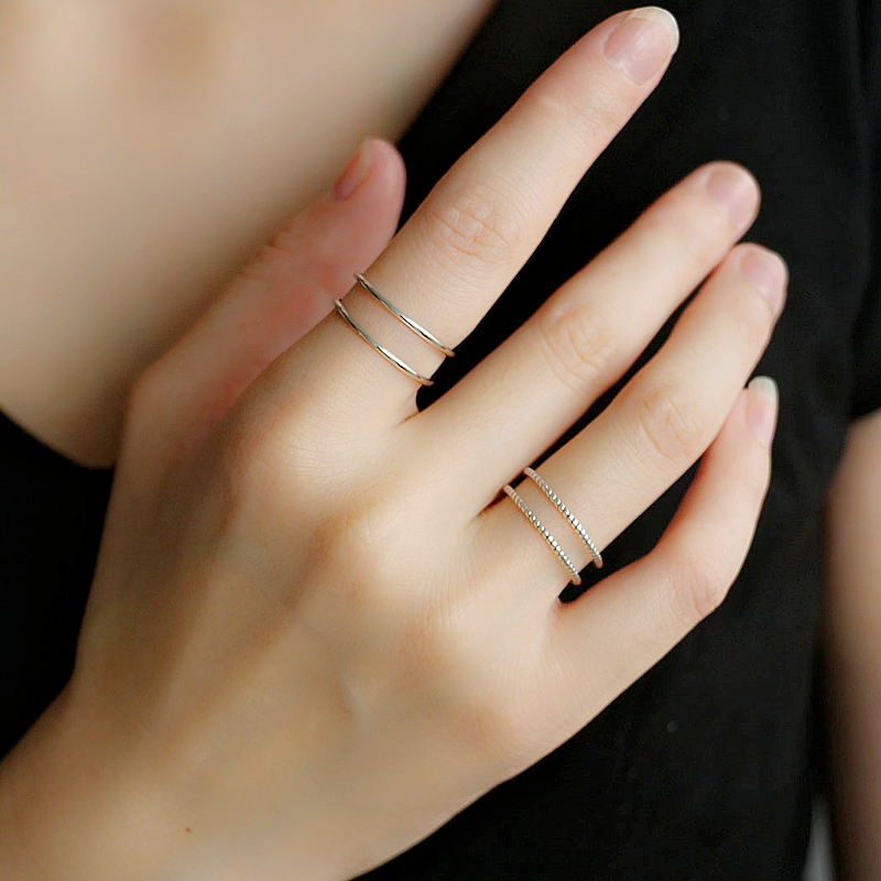 韩版S925纯银戒指ins简约双层线条开口戒女百搭银指环光面麻花潮送女朋友老婆情人节七夕生日礼物