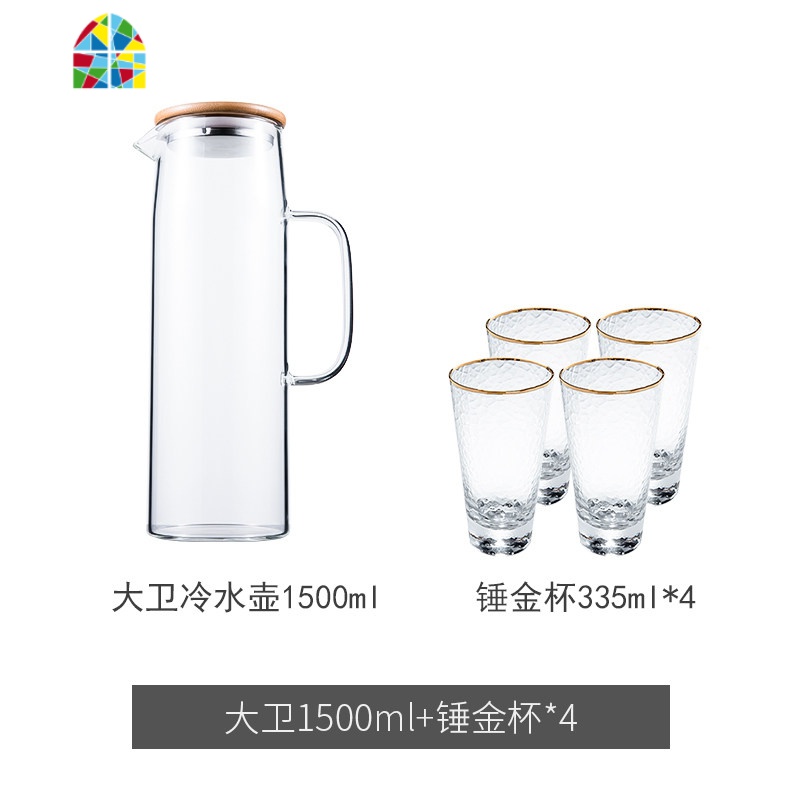 冷水壶凉水壶大容量透明玻璃水壶可高温防爆家用凉水杯冷水杯 FENGHOU 大卫冷水壶1500ML+4个垂金杯高清大图