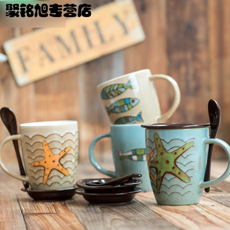 350ML时尚创意生活日用水具水杯 个性海星陶瓷水杯咖啡杯创意鱼纹马克杯子牛奶杯带盖家居器皿生活日用家庭陶瓷杯子