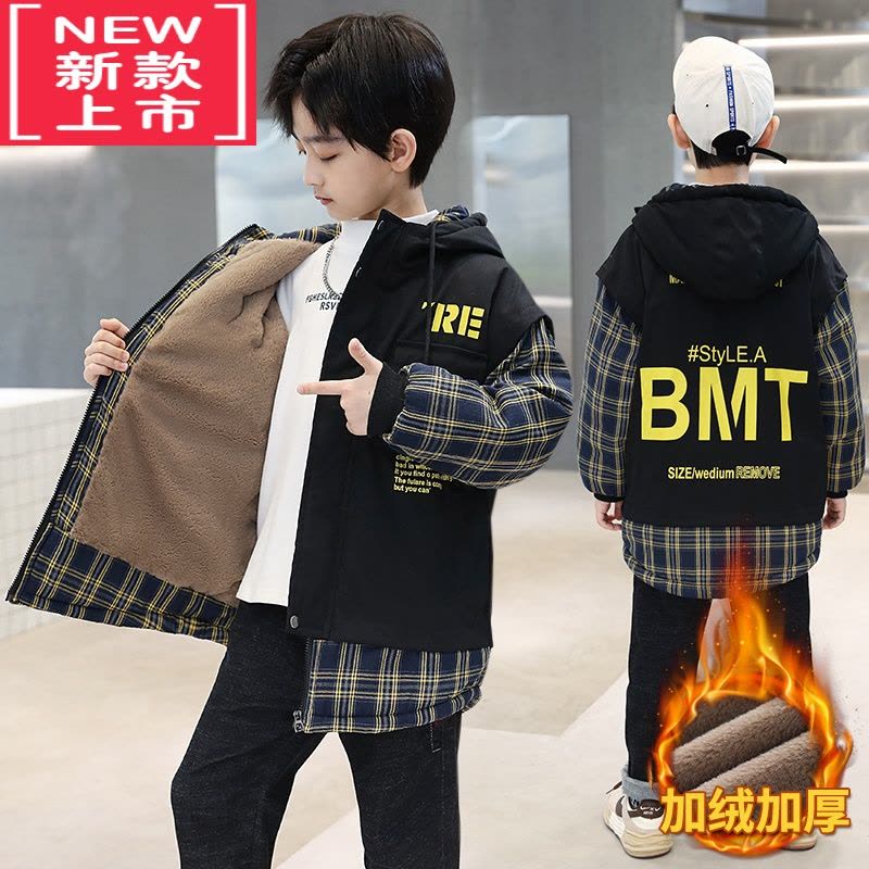 可莉允男童棉服冬季加绒保暖外套新品儿童冬装中长款帅气加厚派克服棉衣图片
