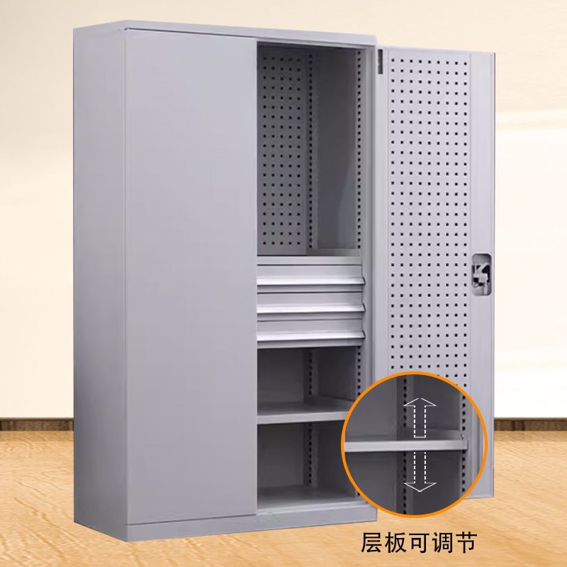 湘渭重型工具柜加厚物件工具储物柜工厂铁皮柜汽修厂零件收纳柜白色三层三抽带挂板高清大图
