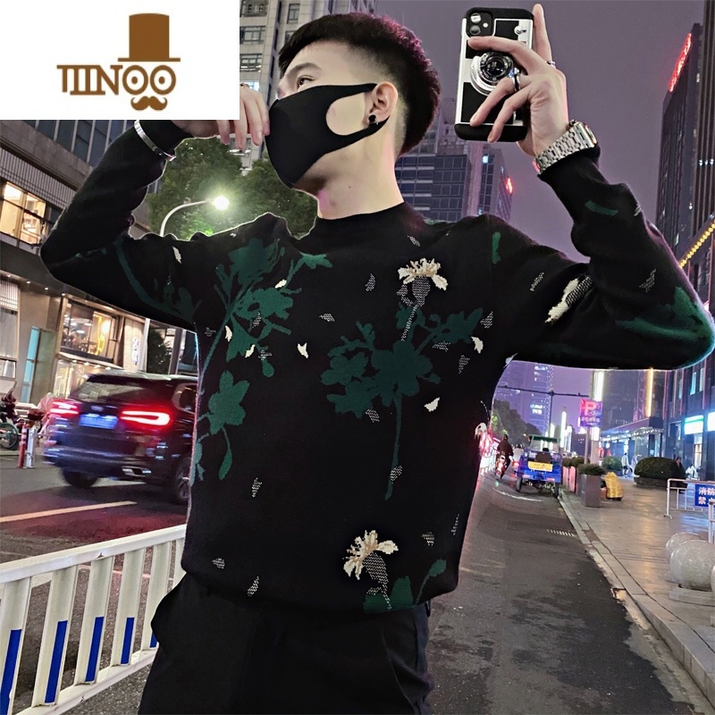 YANXU刺绣毛衣男士2023新款潮牌针织打底衫情侣装内搭毛线衣高清大图