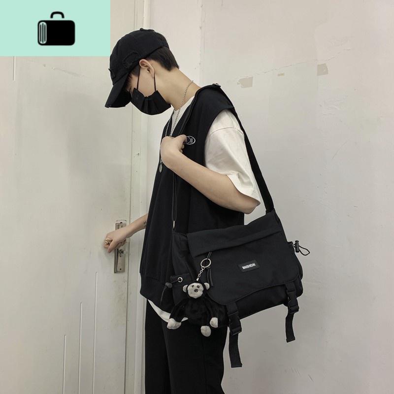 帆布包女斜挎包日系挎包男单肩包机能工装包学生2020潮牌网红包包NEWLAKE_82 黑色无挂件