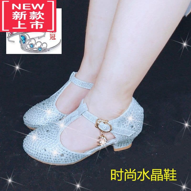 可莉允女童高跟皮鞋学生舞台表演银色演出鞋儿童牛筋软底包头女孩公主鞋运动休闲鞋图片