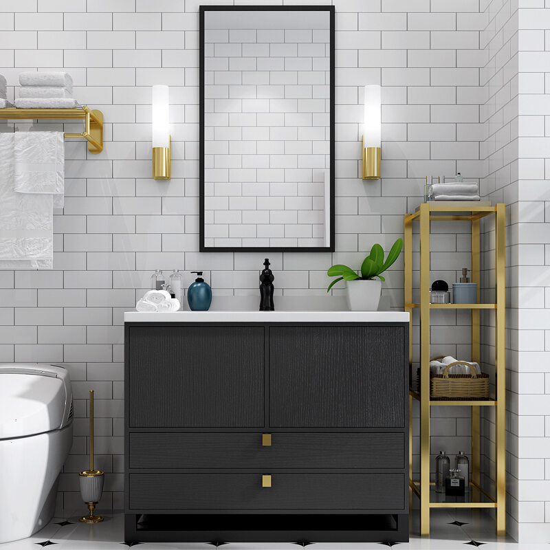 黑色智能法式浴室柜组合落地式洗脸洗手池实木洗漱台盆卫生间安心抵