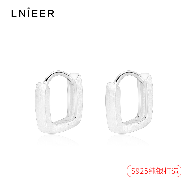 S925纯银磨砂方形耳圈耳环小众设计感拉丝耳扣冷淡风2025新款耳饰