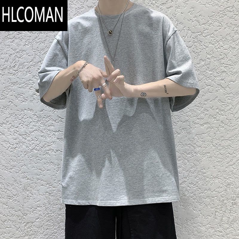 HLCOMAN短袖男潮牌简约百搭ins宽松港风t恤打底衫半袖夏季纯色体恤五分袖图片