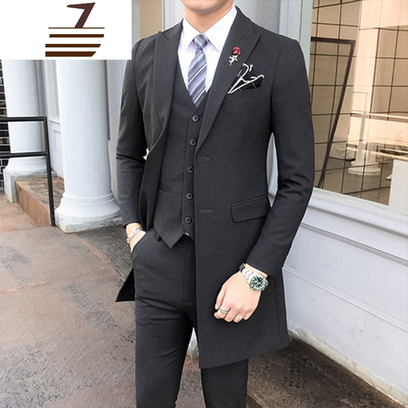 newlake西服套装男中长款韩版修身帅气休闲西装三件套司仪婚礼服装