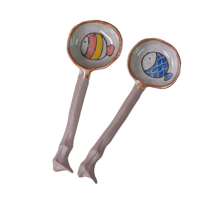 陶瓷创意手工勺子 可爱成人青花鱼勺 家用长柄吃饭勺调羹汤勺个性