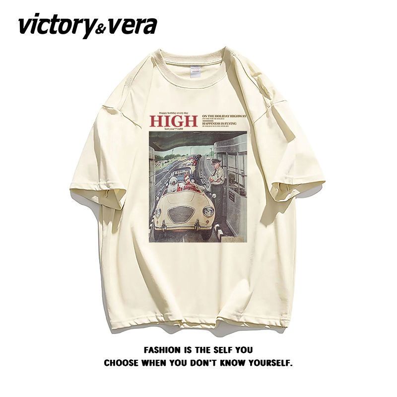 VICTORYVERA美式复古潮牌短袖T恤女夏季2022新款宽纯棉松半袖体恤
