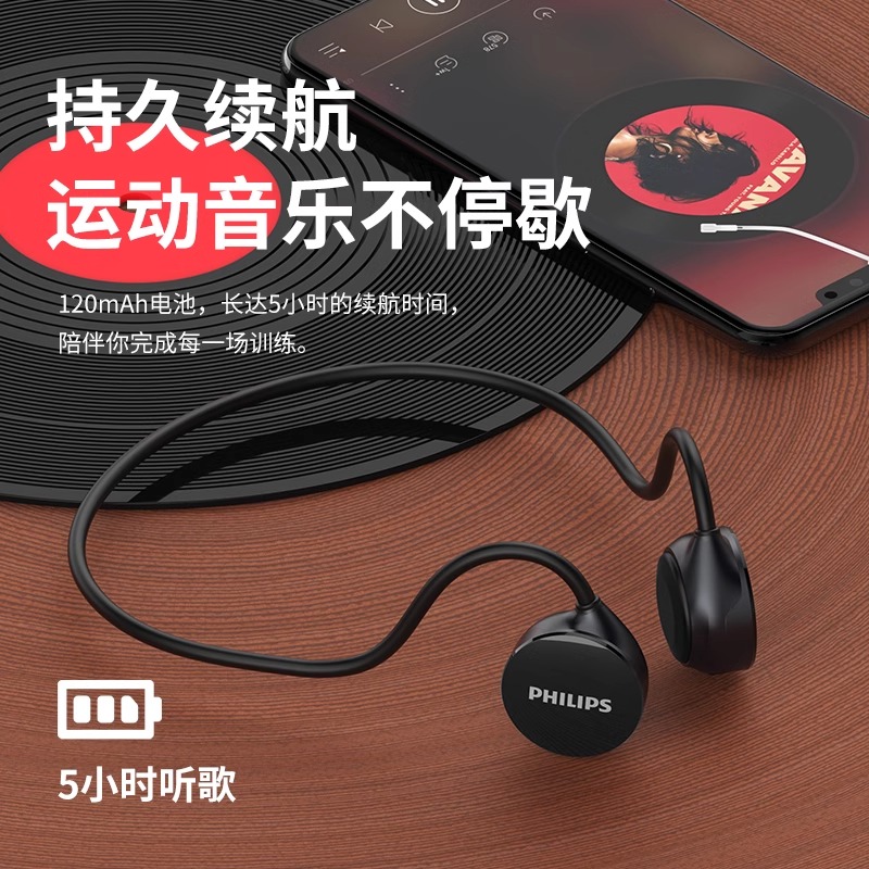 飞利浦(PHILIPS)骨传导耳机蓝牙无线开放式不入耳运动跑步户外骑行挂耳式长续航骨传感音乐耳机 TAA1609黑色高清大图