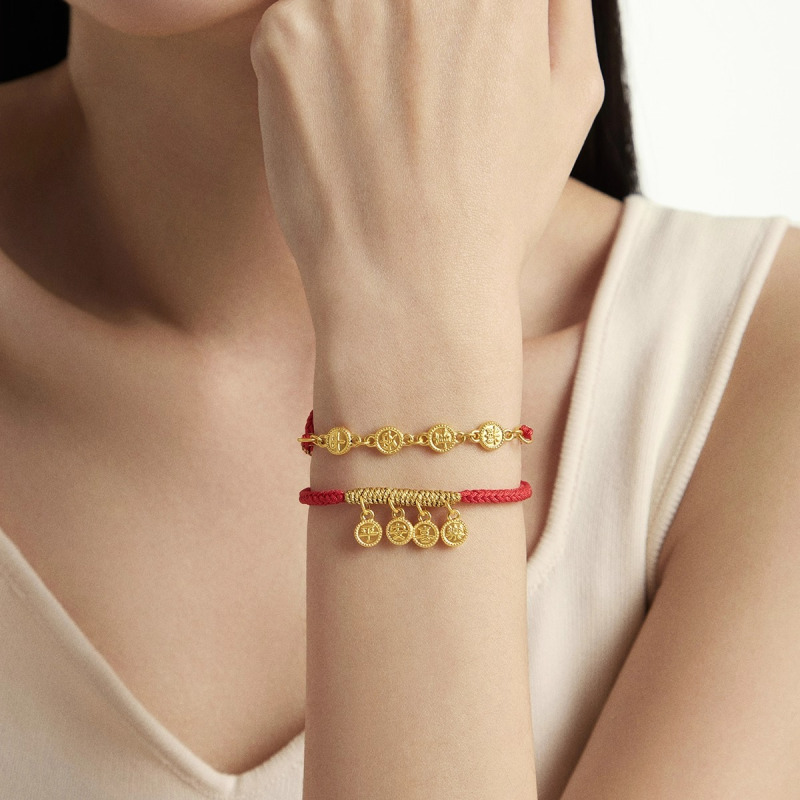 周大福平安喜乐红色手绳可调节足金黄金手链女EOR1346礼物高清大图