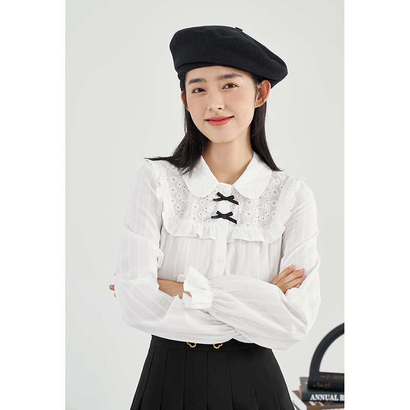 茵曼提花衬衫女木耳娃娃领花苞袖法式气质纯棉衬衣女18213126