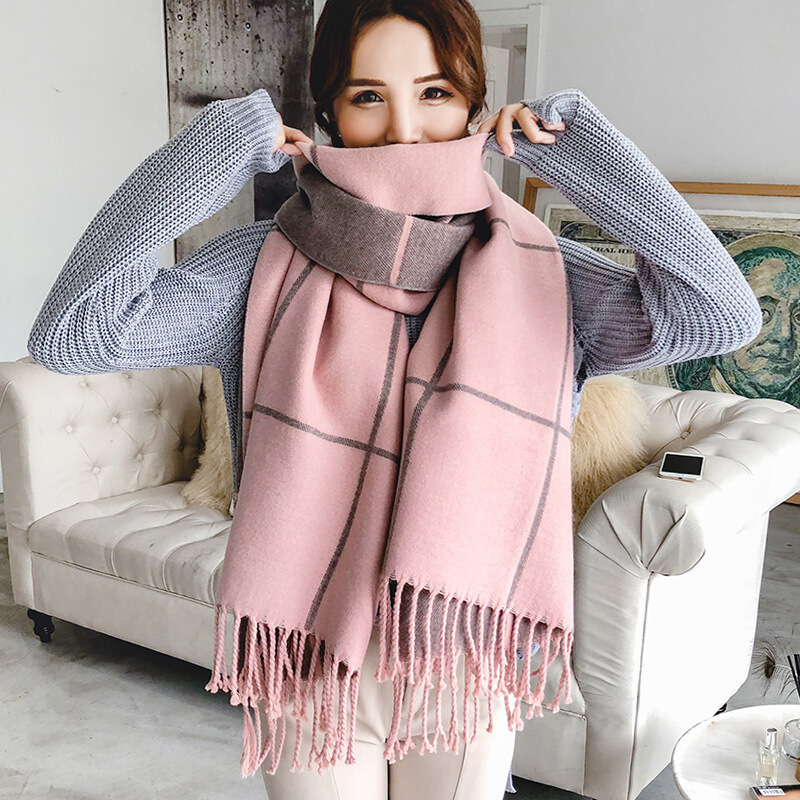 迪鲁奥(diluao)围巾女冬季长款加厚保暖韩版百搭双色格子披肩两用学生