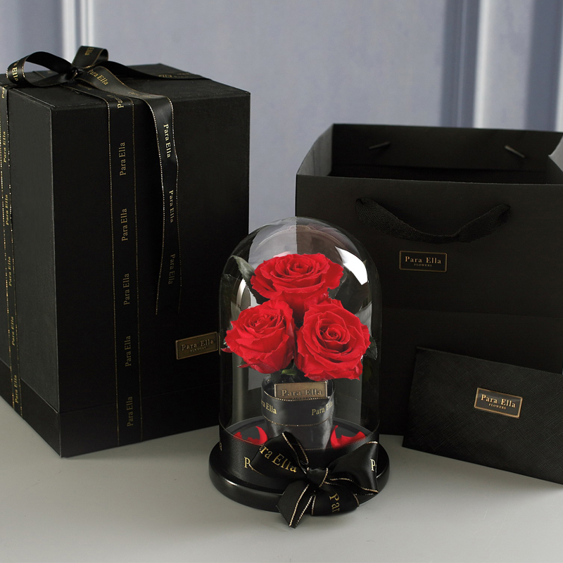 para ella 004系列 3朵多色进口玫瑰花康乃馨永生花玻璃罩礼盒国庆节