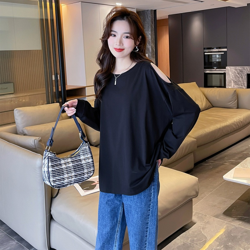 唐狮 长袖T恤女春夏季新款韩系简约圆领肩部镂空小众设计百搭