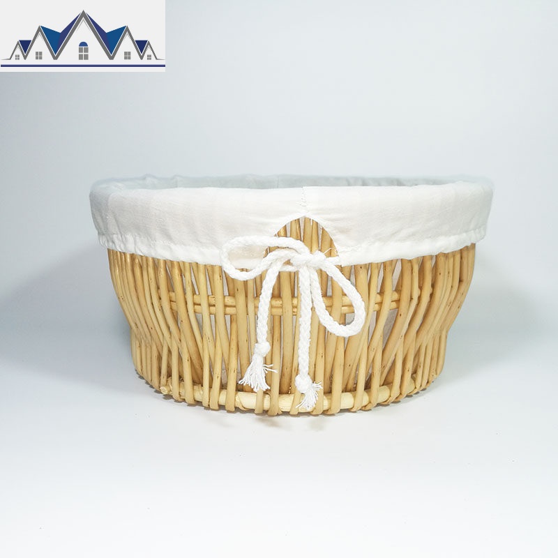 带盖藤编馒头筐柳编面包篮子家用餐厅放馍筐子厨房圆形编织收纳筐 三维工匠收纳篮 纯棉内衬（无盖）M号（口25高13）