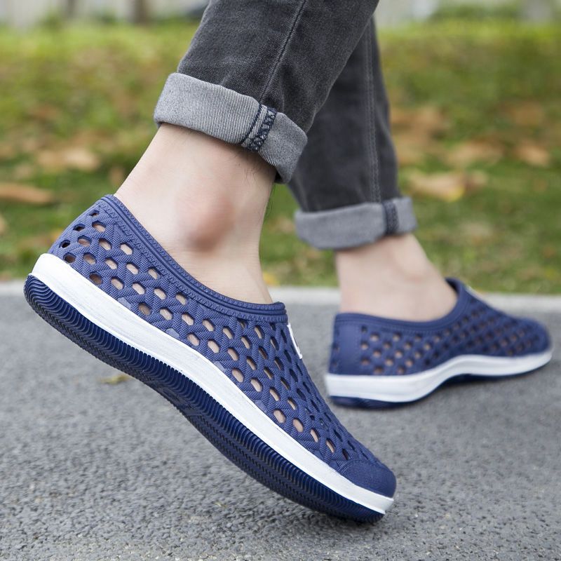 男士凉鞋塑料洞洞鞋男有跟一体包头夏天鞋镂空透气防滑沙滩涉水鞋蓝色