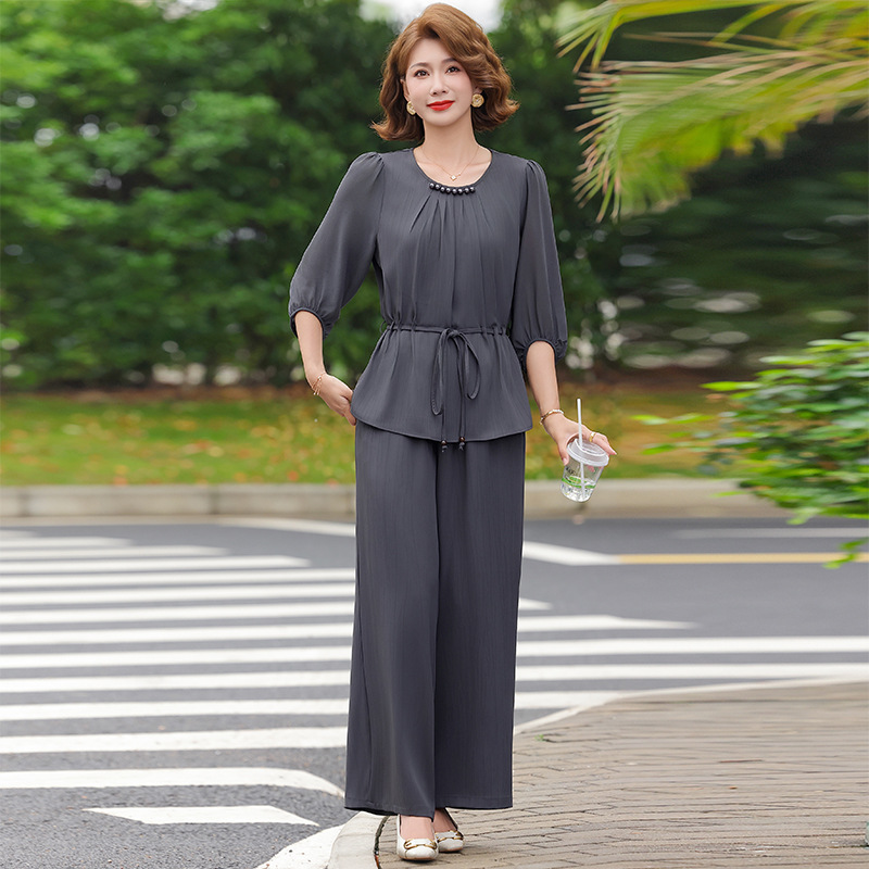 纤孜雅 夏季妈妈装时尚短袖雪纺两件套中年女装夏装T恤上衣气质减龄套装高清大图