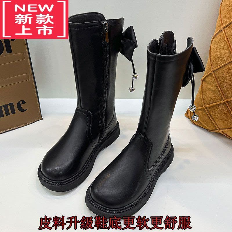 可莉允女童靴子秋冬季加绒公主鞋英伦风高筒单靴子小女孩皮靴儿童长筒靴图片