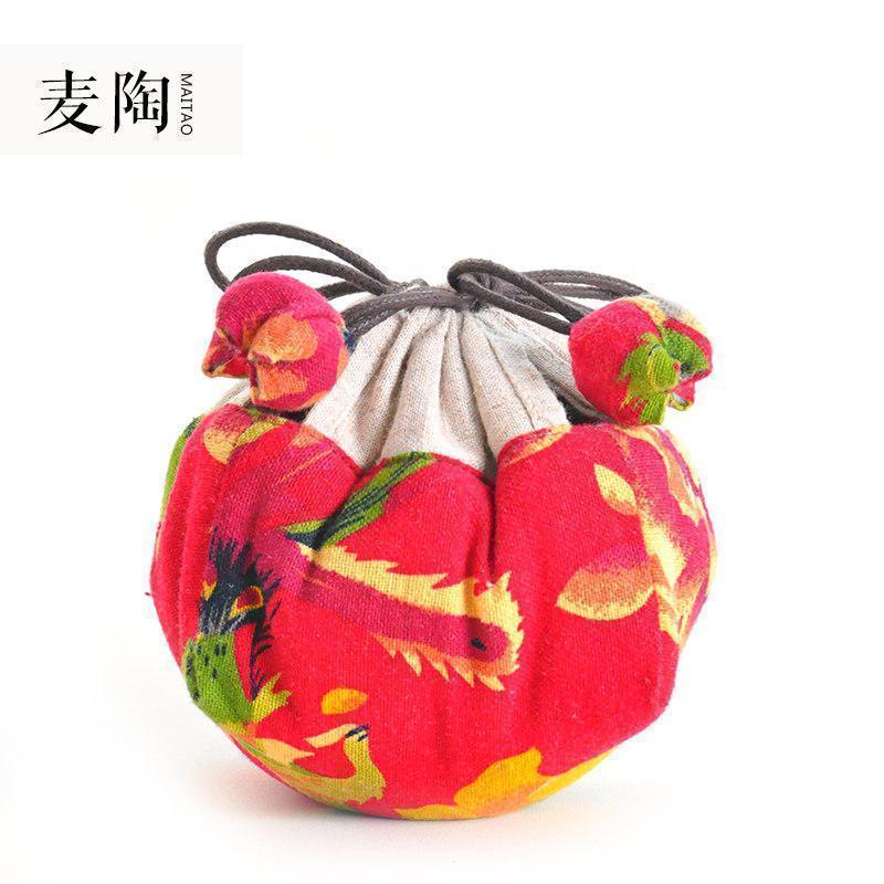 茶具便携收纳袋旅行布袋包茶壶茶杯快客杯收纳包棉麻抽绳加厚_475 简易袋(红色)