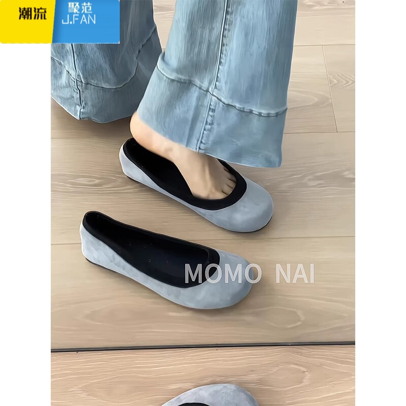 聚范皮版~复古圆头浅口单鞋配裙子平底芭蕾舞鞋一脚蹬百搭奶奶鞋鞋 37 灰蓝色