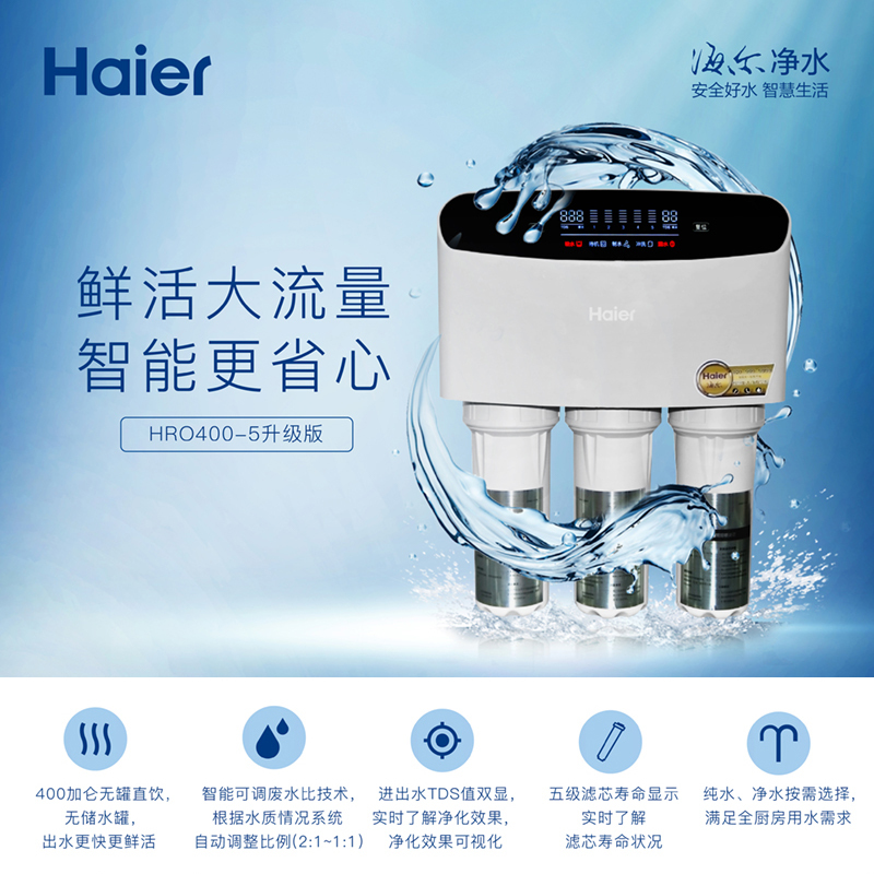 海尔 Haier HRO400-5(升级)净水器 400G大通量双出水 可调废水比