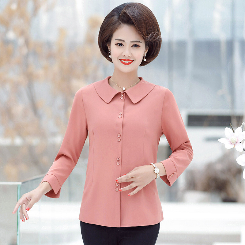 迪鲁奥diluao妈妈秋装娃娃领长袖衬衫中年妇女40岁50上衣服中时尚两件
