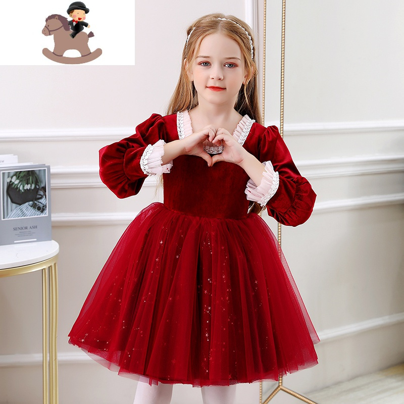 yuebin女童红色连衣裙洋气时髦宝宝生日公主裙子秋冬长袖丝绒礼服裙