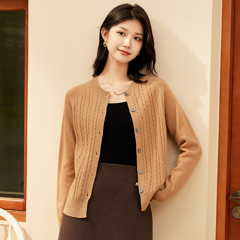 [100%绵羊毛]恒源祥羊毛衫女纯色单排扣针织开衫减龄绞花毛衣