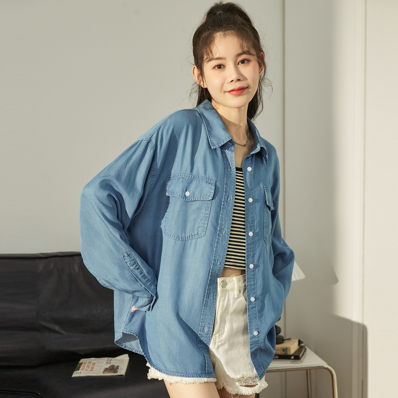 [1.5折价82元]唐狮春夏新款天丝牛仔衬衫女薄款设计感小众衬衣外套宽松百搭