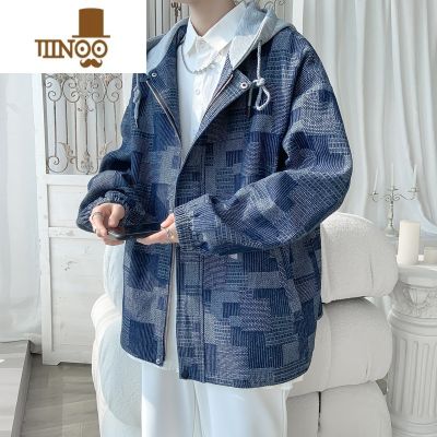 YANXU港风ins牛仔夹克男加肥大码潮牌胖子宽松青少年帅气连帽外套 蓝色 L115-130斤