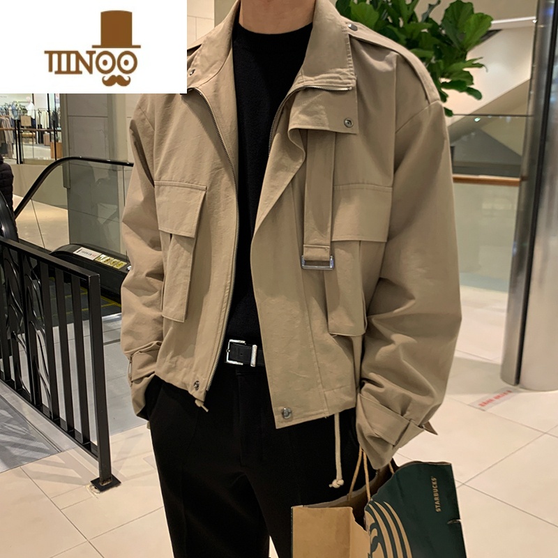 YANXU轻熟风帅气男士外套韩版设计感潮流假翻领复古工装夹克高清大图