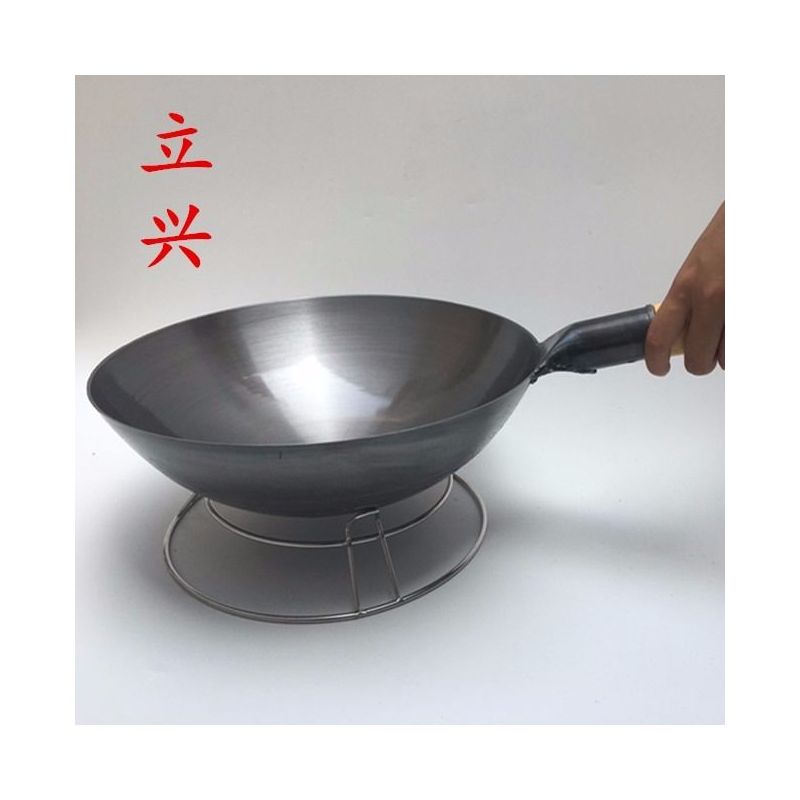 立兴铁锅手工锻打老式家用无涂层圆底不粘燃气灶章丘舌尖炒锅|30木把(赠:锅盖+炒勺)