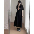 韩国大码T恤女装夏季宽松短袖T恤裙子休闲打底衫开叉过膝连衣裙女 L 黑色