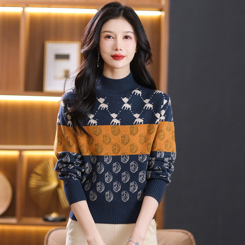 鄂尔多斯市羊绒衫女士100%羊毛衫女秋冬装保暖针织打底衫宽松大码半高领套头百搭毛衣女装冬毛衣套头宽松大码显瘦羊绒打底衫 M适合95-105斤 349藏蓝