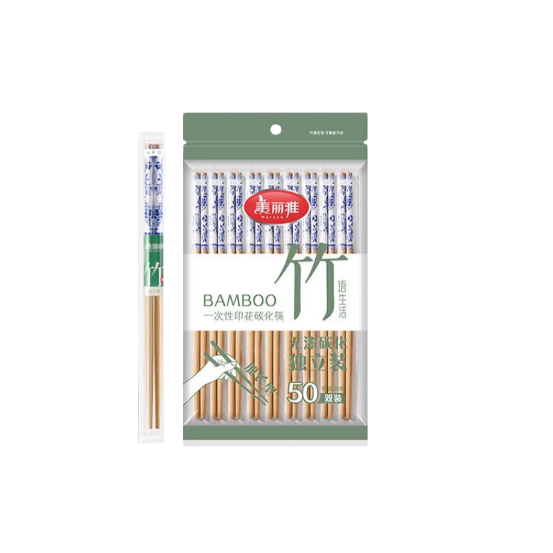美丽雅 97445 一次性印花碳化筷 50双 高档碳化印花筷子露营野餐打包餐具 13021201