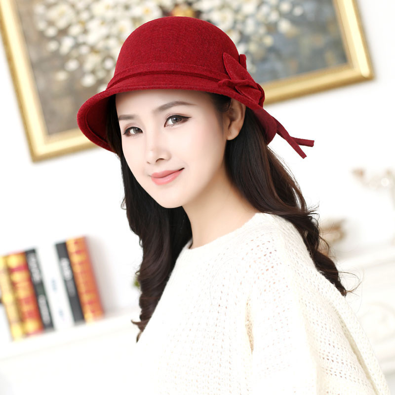 盛世尼曼帽子女冬英伦蝴蝶结保暖防寒仿毛呢盆帽圆顶礼帽女式帽子时尚