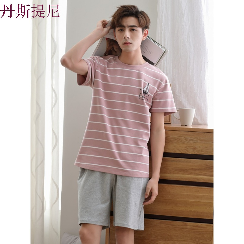 睡衣男夏纯棉短袖青少年韩版休闲全棉夏天男士薄款家居服套装syq