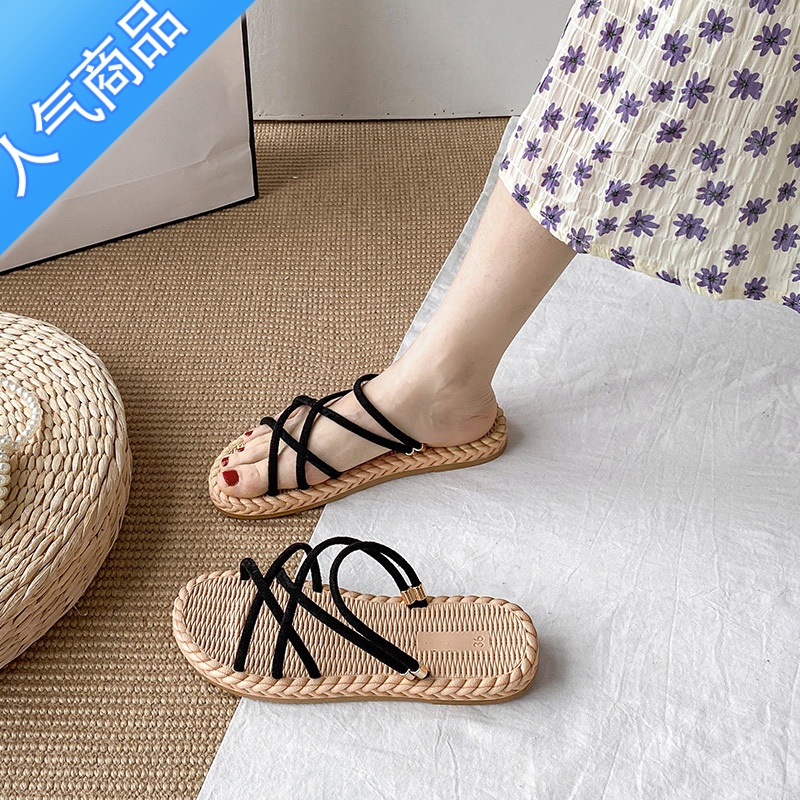 SUNTEK一鞋两穿凉鞋2023年新款女夏平底百搭仙女风ins潮亚麻沙滩罗马鞋高清大图