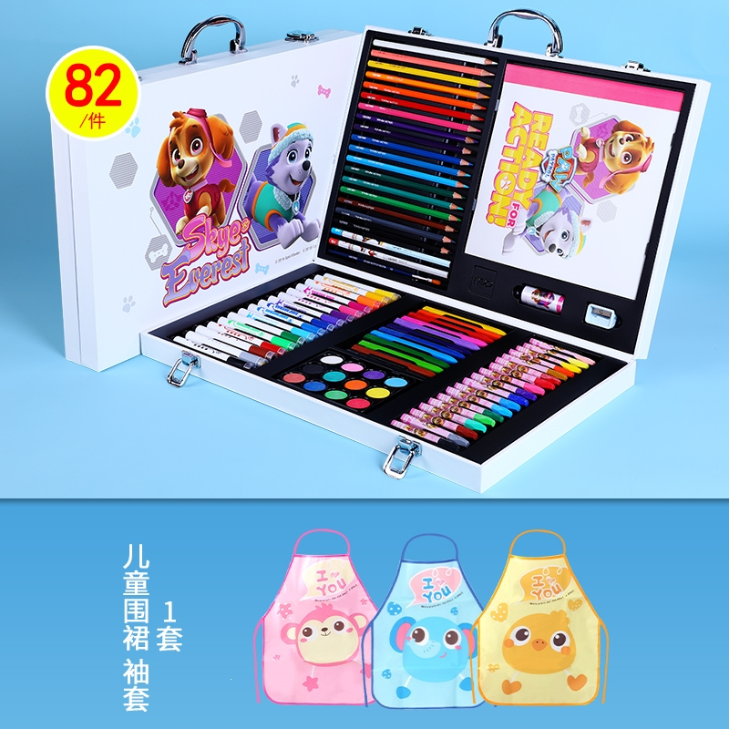 得力(deli)水粉颜料套装水彩画颜料初学者小学生用品美术专业绘画色彩固体水 汪汪队绘画礼盒套装-粉色围裙袖套12色套装