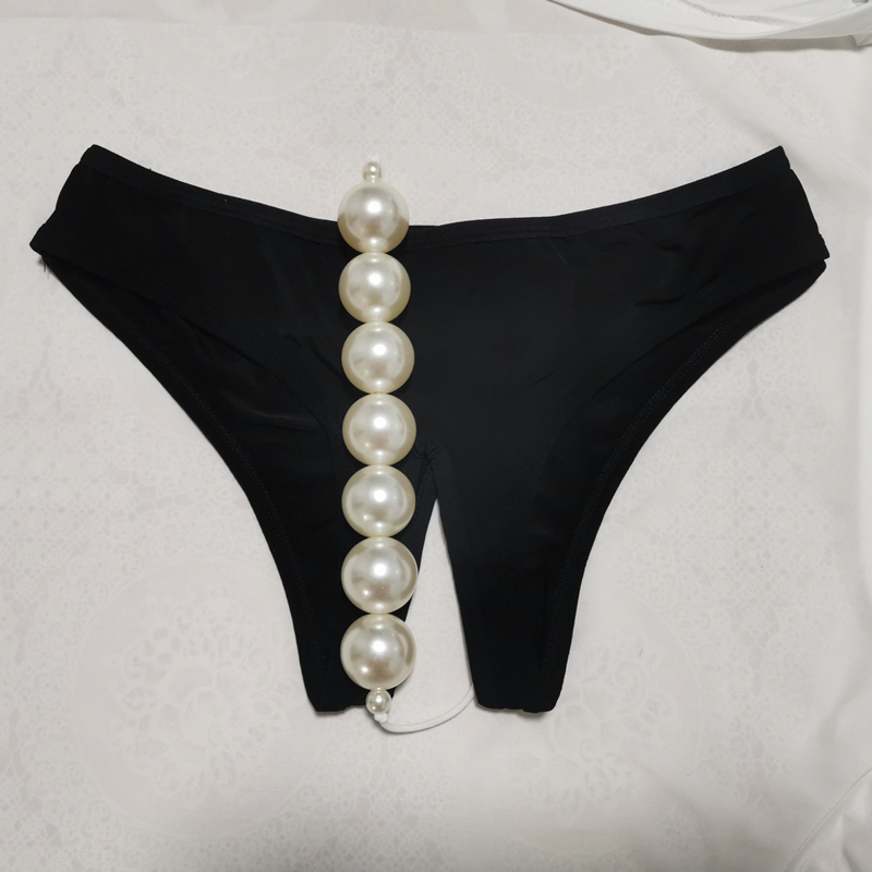 丁字裤女勒阴开档可插按摩珍珠内裤超大颗粒伪娘内裤可插自玩码裆
